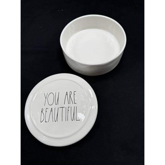 Rae Dunn “You are Beautiful” White Round Jewelry Box Bowl w/ Lid Trinket Dish - Picture 5 of 8